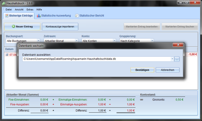 Haushaltsbuch Datenbank wechseln