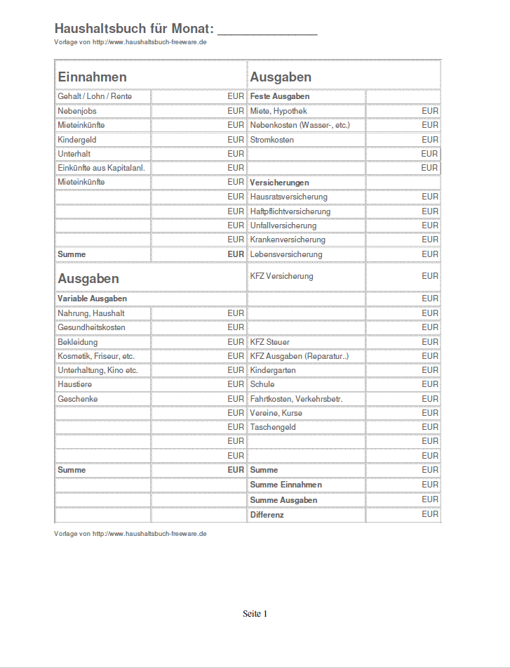 Haushaltsbuch Ausdrucken Kostenlose Haushaltsbuch Vorlage Als Pdf